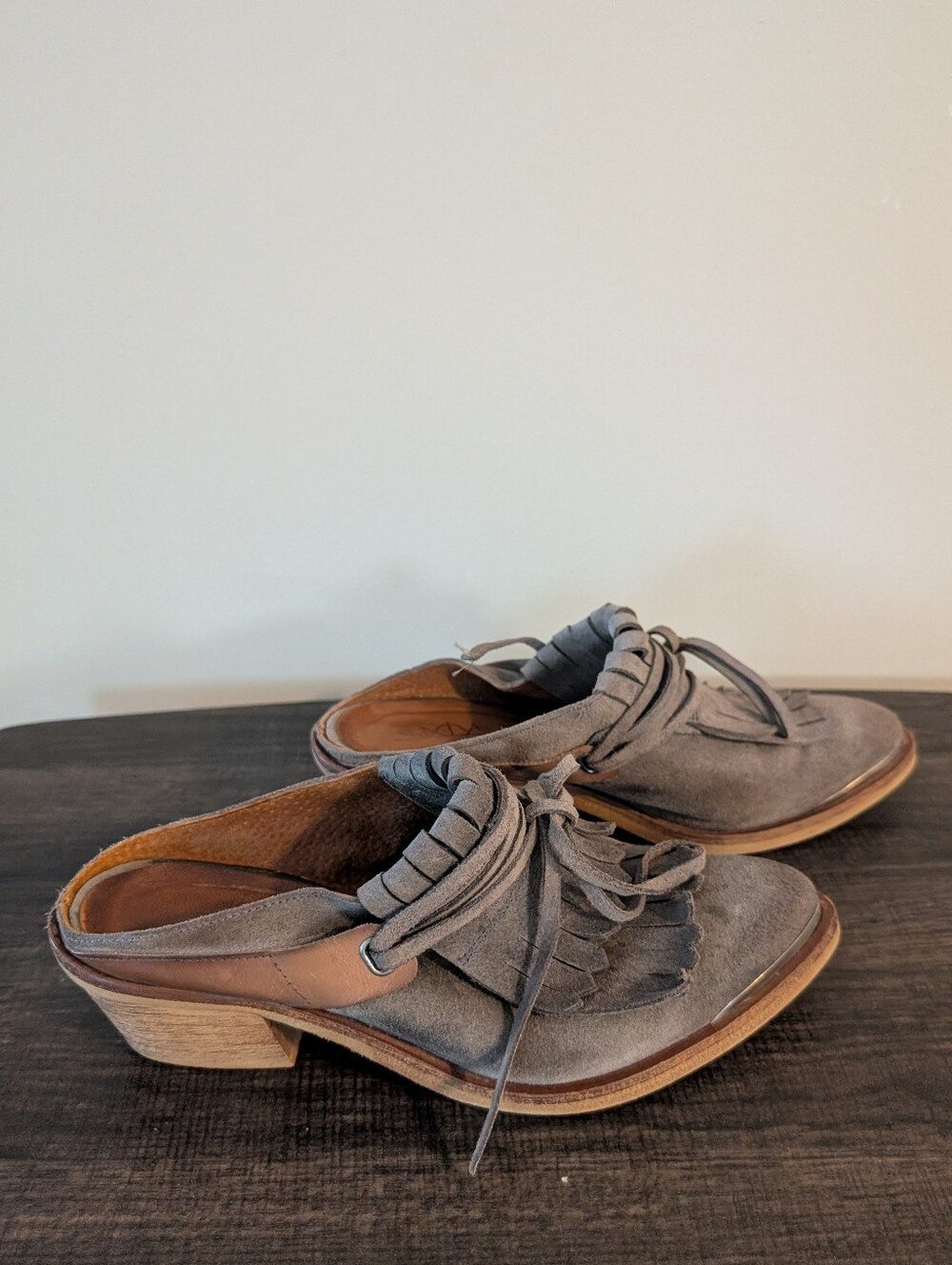 Sixtyseven. Gray Suede Fringe Tie Mules